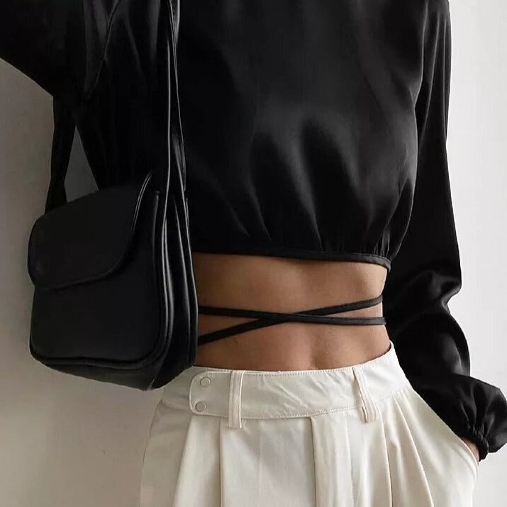 chemisier satin crop top noir