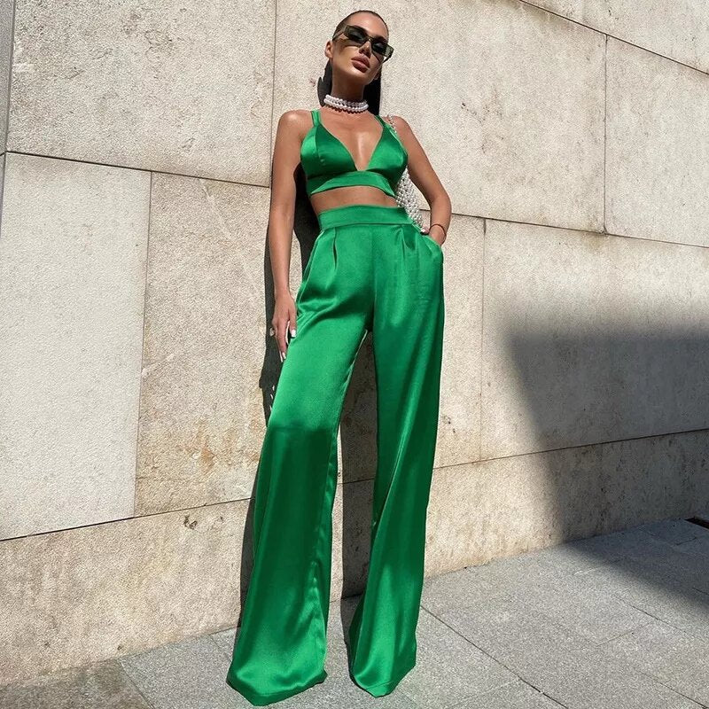 pantalon palazzo satin vert