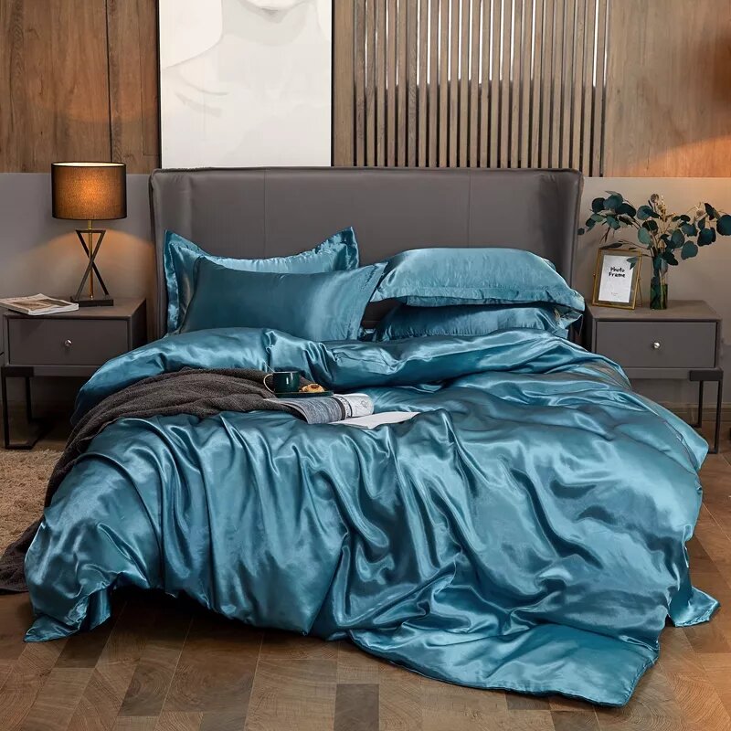 parure de lit en satin bleu gris