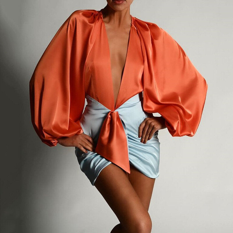 robe satin bicolore orange et bleu