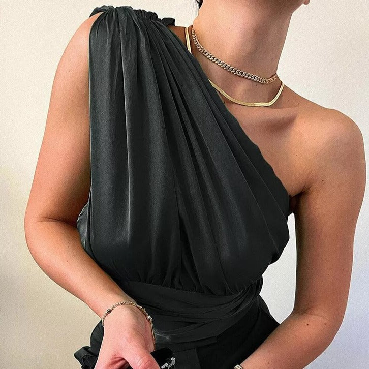 top satiné drapé noir