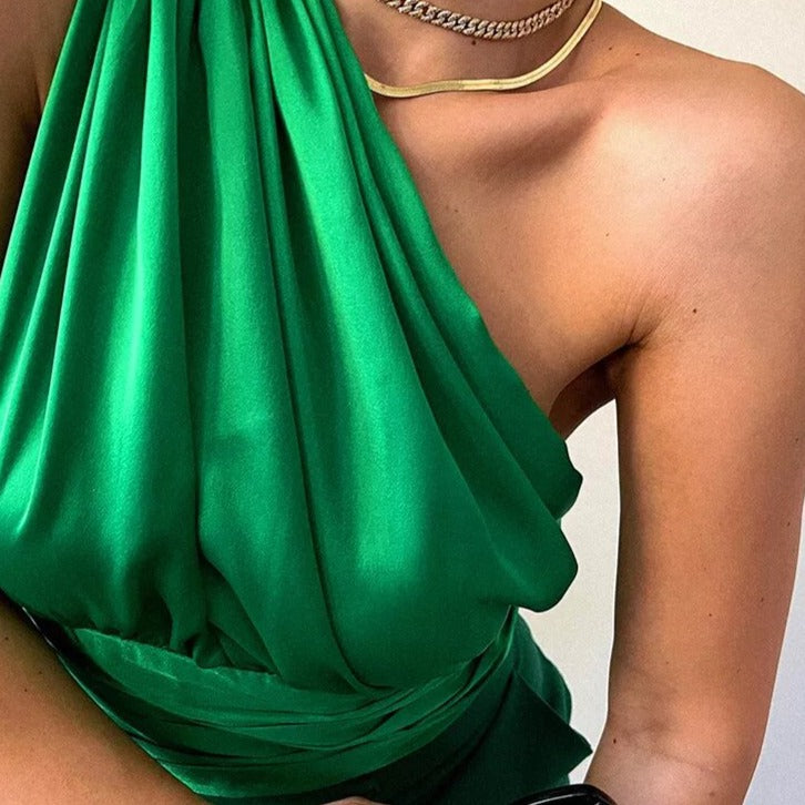 top satiné drapé vert