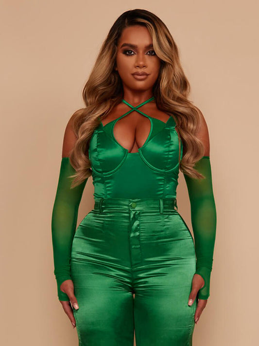 Body sexy en satin vert