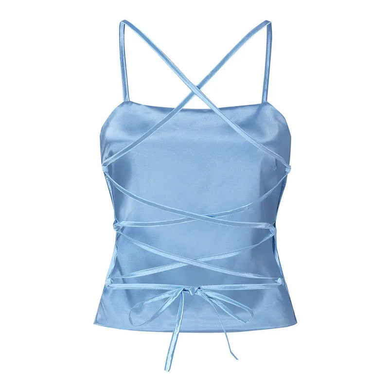 Top en satin bleu dos nu