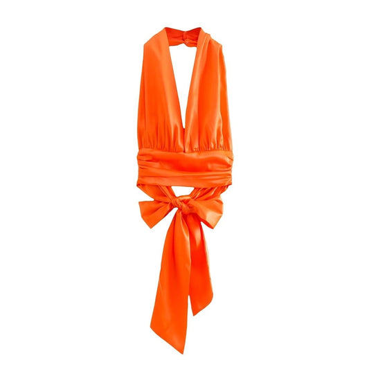 Top satin à dos nu décolleté plongeant orange