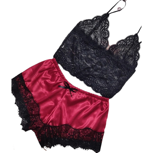 ensemble lingerie satin brodé rouge