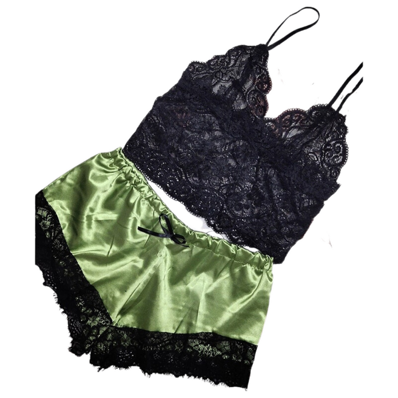 ensemble lingerie satin brodé vert