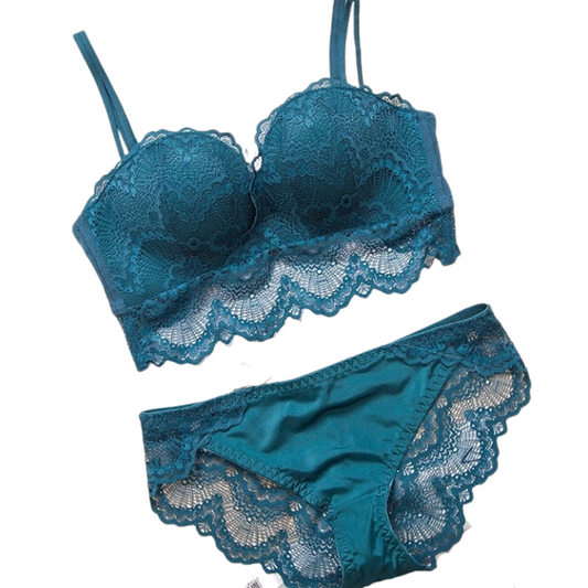 Ensemble de lingerie satin à dentelle brodé bleu