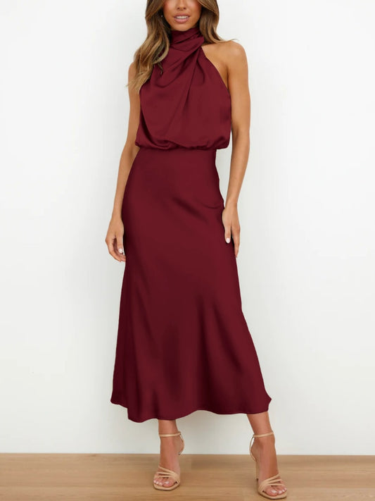 robe satin à col haut sans manche rouge bordeaux