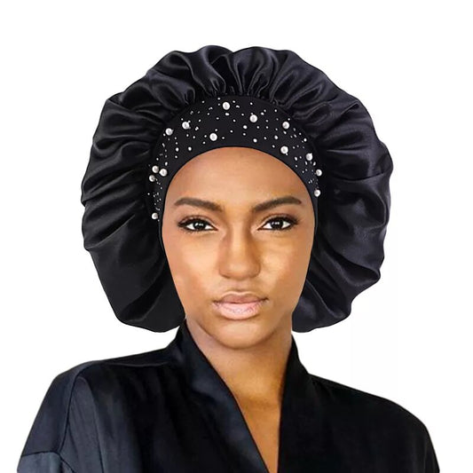 Bonnet satin pour cheveux perlé noir