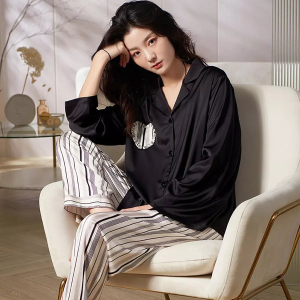 Pyjama en satin Glamour noir et beige