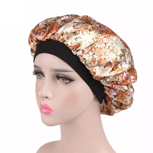 bonnet satin cheveux floral jaune