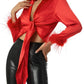 chemisier en satin rouge à plumes