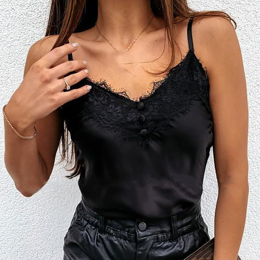 Débardeur en satin boutonné avec dentelle noir