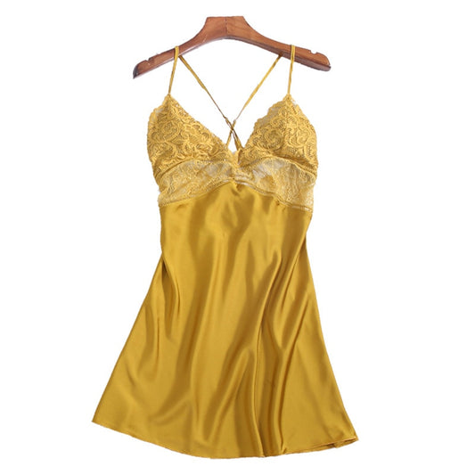 Nuisette femme satin dentelle dos croisé jaune