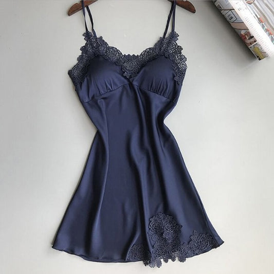 Nuisette satin femme dentelle bleu marine