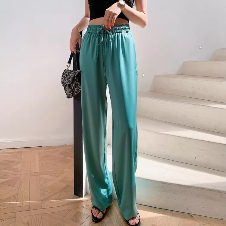    pantalon satin noué et évasé bleu turquoise