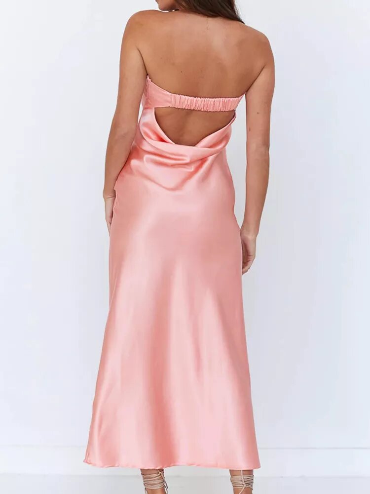    robe satinée et maxi rose corail et bustier