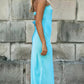    robe satin maxi bleu et bustier