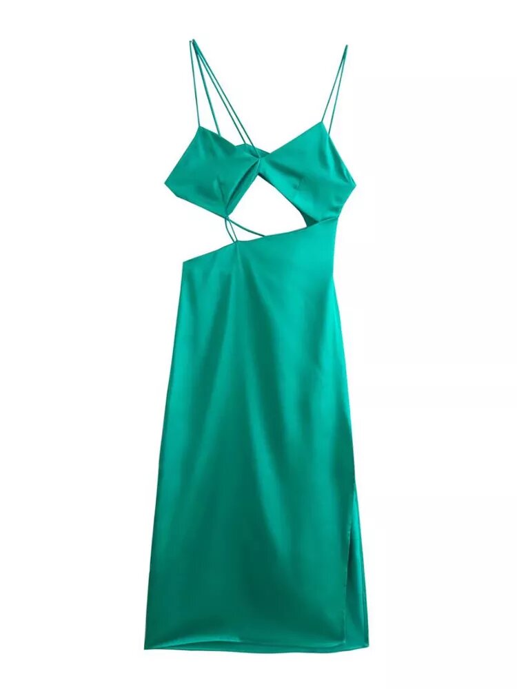 robe verte satin decoupes et ficelles