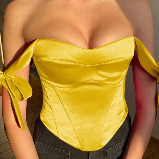     top en satin bustier bardot jaune